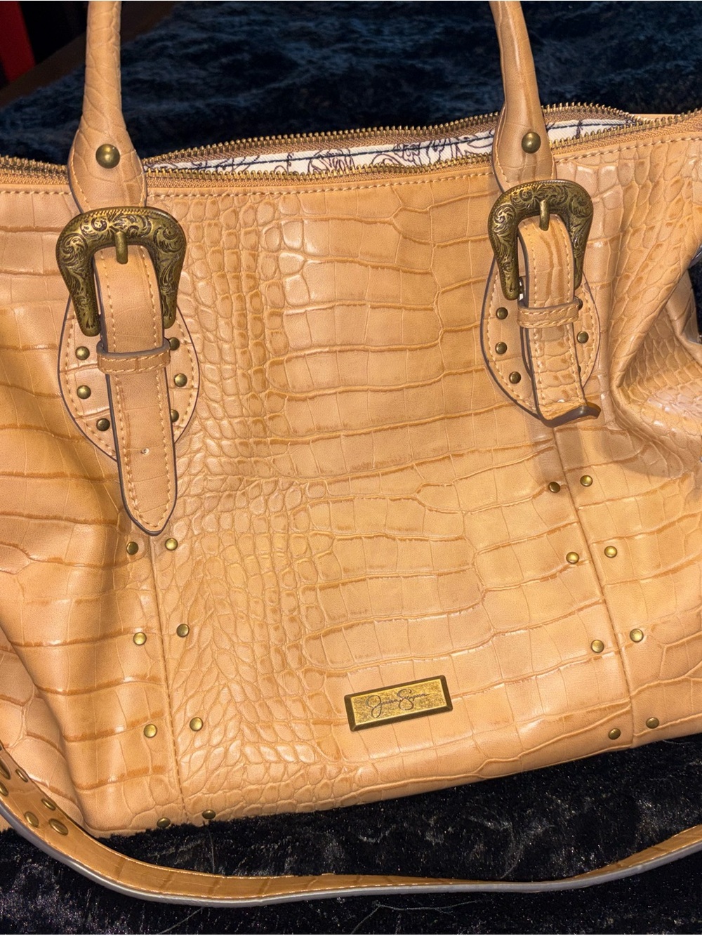 Jessica Simpson Tan Croc-Embossed Shoulder Tote with Decorative Buckles